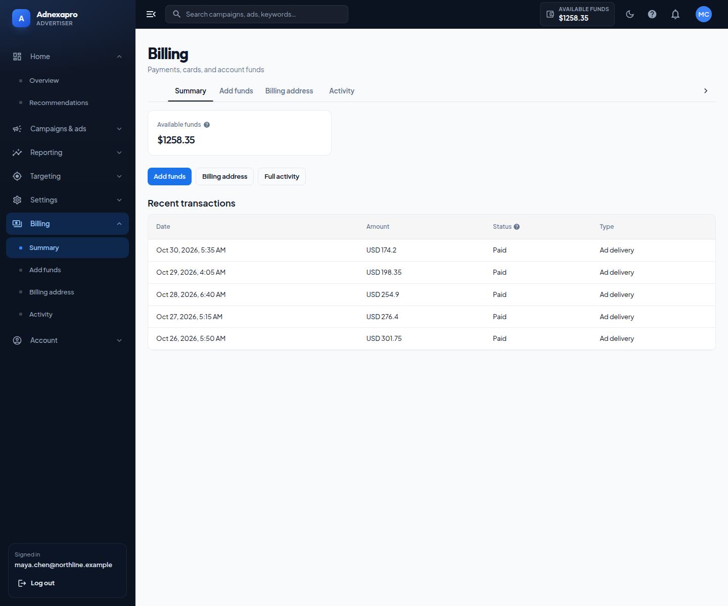 Billing summary shows the available balance and shortcuts to add funds, the billing address, and activity.