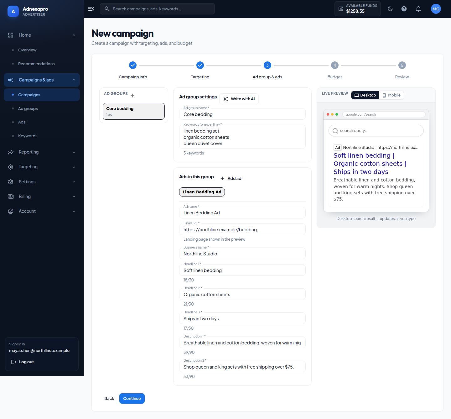 Step 3: name the ad group, add keywords, and write the ad. The preview updates as you type.