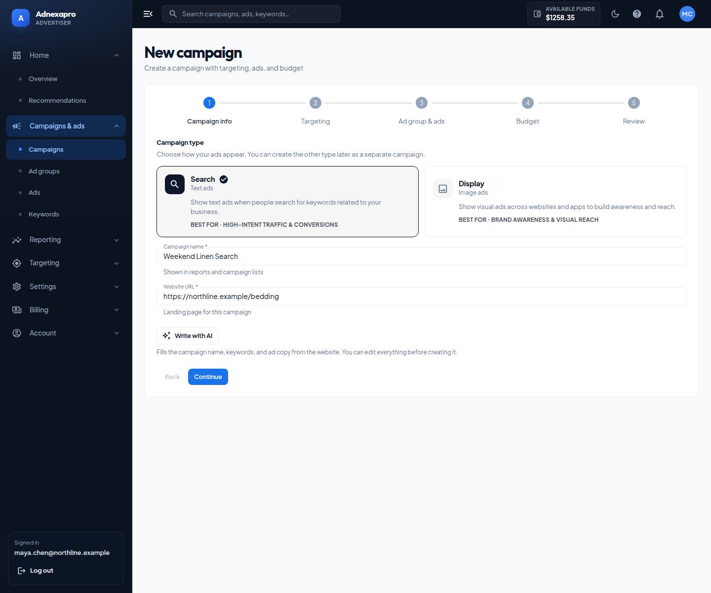 Step 1: choose Search or Display, then name the campaign and set the website.