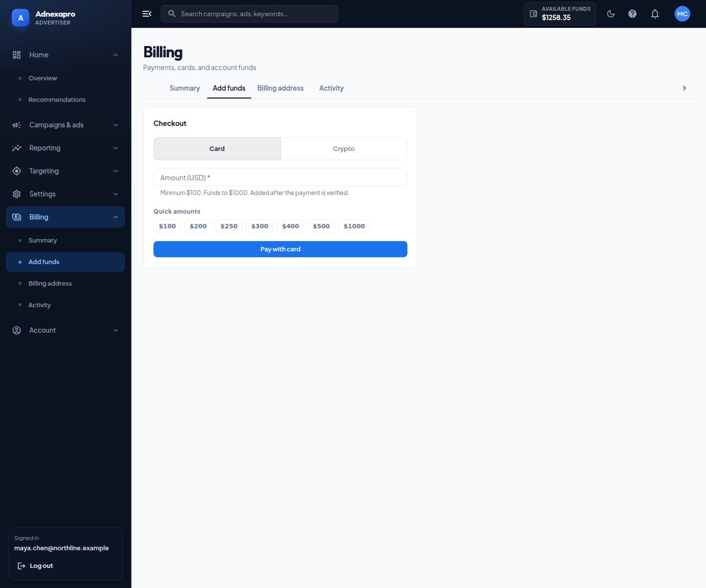 Add funds checkout. Card is the card payment. Crypto is a deposit you submit for review.