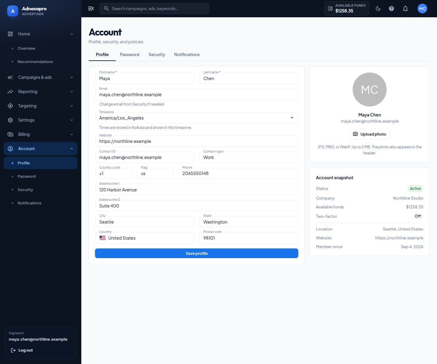 Profile holds the name, company, phone, website, and the timezone used to display dates.