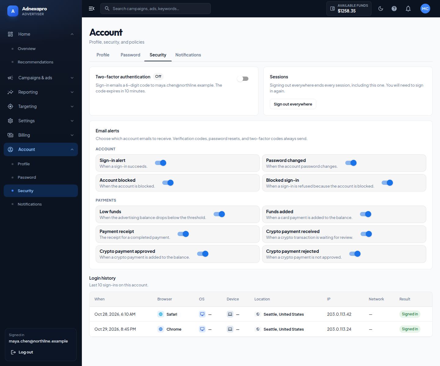 Security turns on two-factor, signs out every session, and sets which email alerts to send.